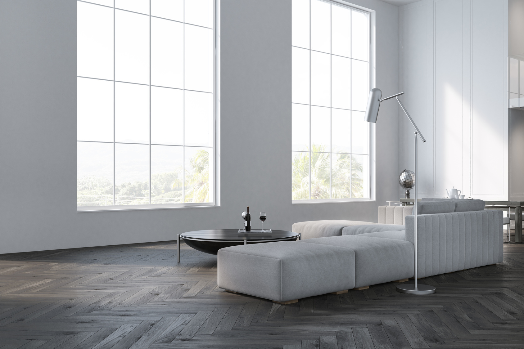 White living room corner, sofa and table
